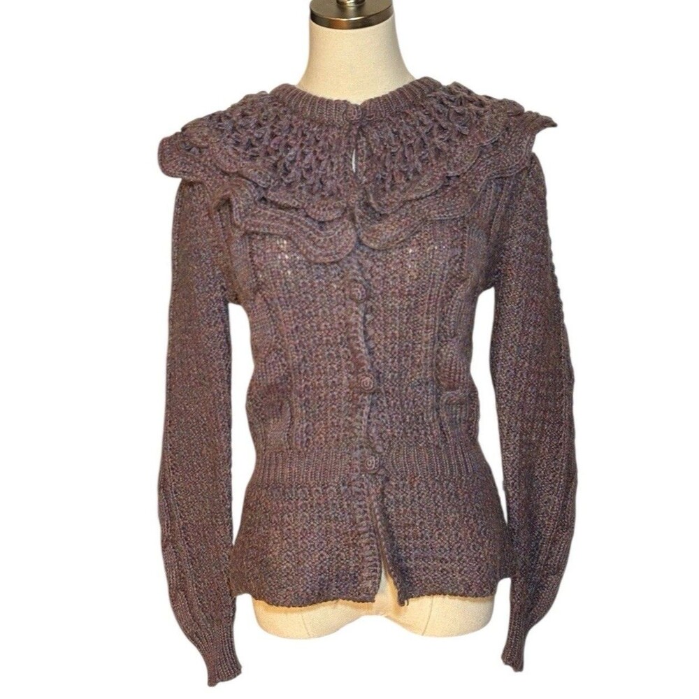 Samantha Starr Wool Blend Sweater Purple Button Ruffle Collar M